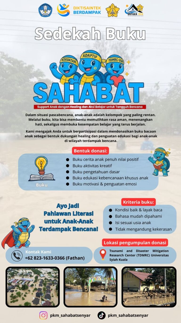 Gerakan “Sedekah Buku — Sahabat” Diresmikan, PKM Sahabat Senyar USK Bidang Pendidikan Darurat dan Psikososial Dukung Healing & Pembelajaran Anak Terdampak Bencana Senyar